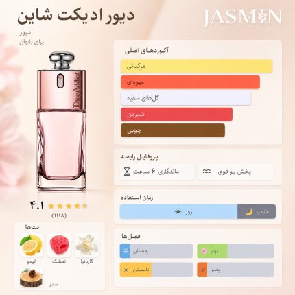عطر دیور ادیکت شاین با رایحه‌ای درخشان و سرزنده آغاز می‌شود. نت‌های میوه‌ای و مرکباتی در شروع، حس تازگی و نشاط را به عطر می‌بخشند و خیلی زود جای خود را به قلبی گلی و زنانه می‌دهند. حضور گل‌های لطیف در کنار رایحه‌های میوه‌ای باعث می‌شود این عطر شخصیتی شاد، مدرن و بسیار دوست‌داشتنی داشته باشد. در نت‌های پایانی نیز مشک و چوب‌های لطیف، رایحه را متعادل کرده و ماندگاری دلنشینی روی پوست ایجاد می‌کنند. Dior Addict Shine نسبت به نسخه‌های کلاسیک Addict سبک‌تر، شفاف‌تر و روزمره‌تر است. این عطر انتخابی عالی برای خانم‌هایی است که به دنبال رایحه‌ای لطیف، خوش‌بو و غیررسمی هستند و دوست دارند عطری داشته باشند که بدون سنگینی، توجه اطرافیان را جلب کند.