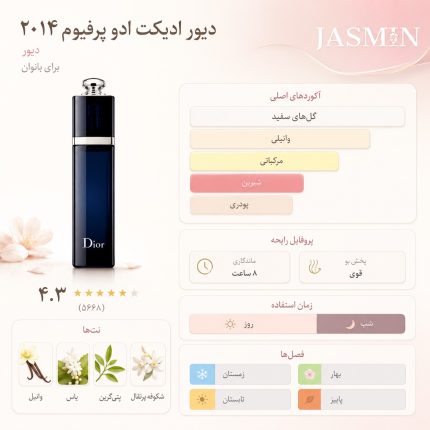 .عطر دیور ادیکت ادو پرفیوم رایحه‌ای گرم، شرقی و گلی دارد. در شروع، رایحه‌ی روشن و دلنشین ترنج و برگاموت حس شادابی و انرژی ایجاد می‌کند. در قلب عطر، رایحه‌ی گل‌های یاس، رز و ارکیده به عطر عمق، لطافت و جذابیت بیشتری می‌دهد. در پایه، وانیل، مشک و کهربا باعث می‌شوند عطری ماندگار، گرم و دلنشین روی پوست باقی بماند.این عطر تعادلی عالی میان گرما، شیرینی ملایم و جذابیت زنانه برقرار می‌کند. رایحه آن نه بیش از حد سنگین است و نه خیلی سبک؛ به همین دلیل برای استفاده روزانه و مراسم‌های خاص هر دو مناسب است.